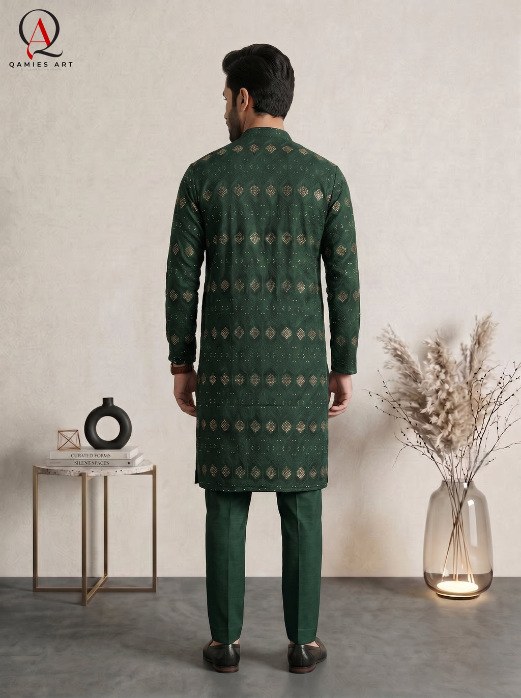 Green Embroidered Fancy Kurta Set with Gold Sequins & Staple Cotton Trouser