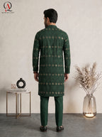 Green Embroidered Fancy Kurta Set with Gold Sequins & Staple Cotton Trouser