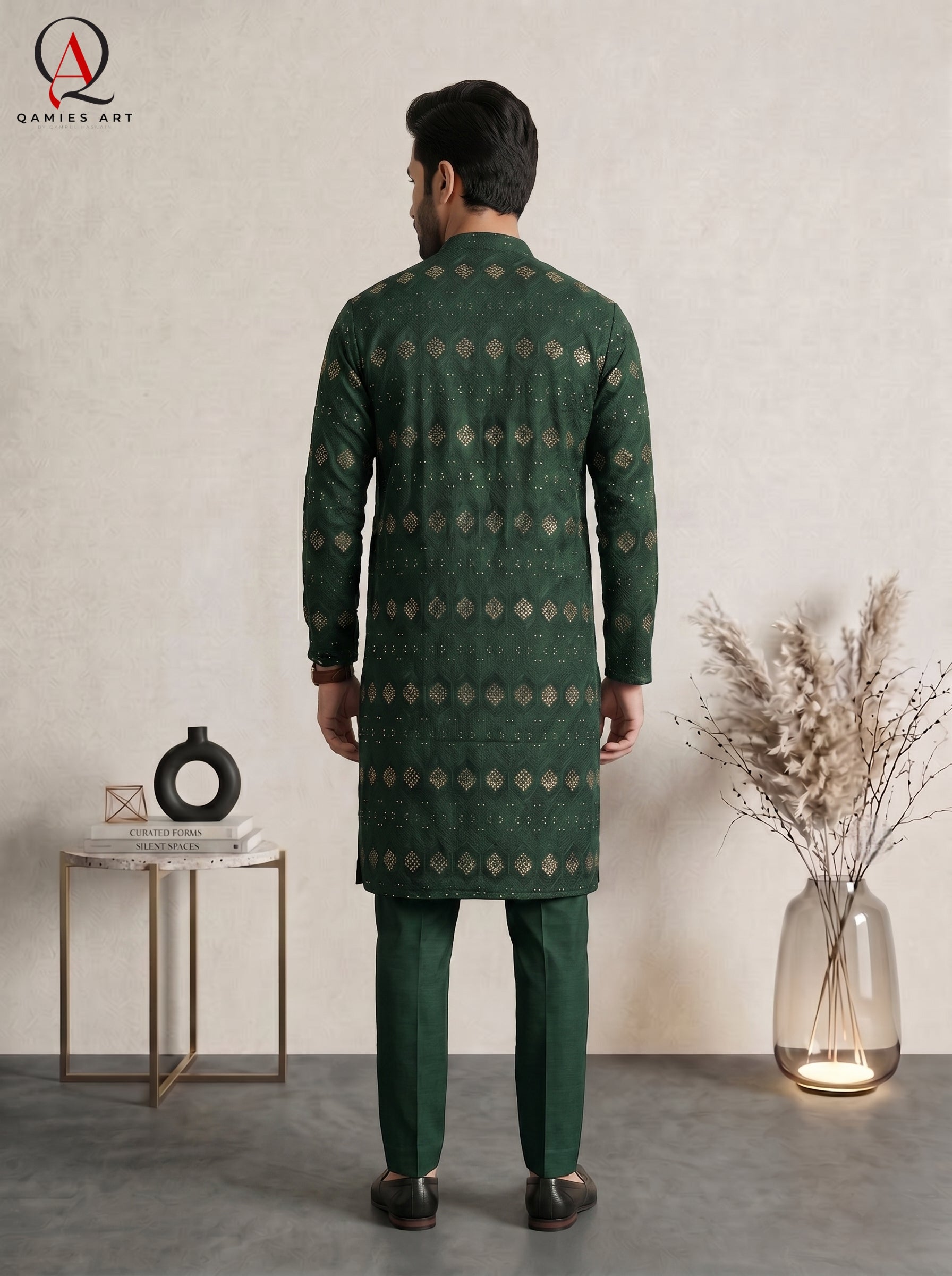 Green Embroidered Fancy Kurta Set with Gold Sequins & Staple Cotton Trouser