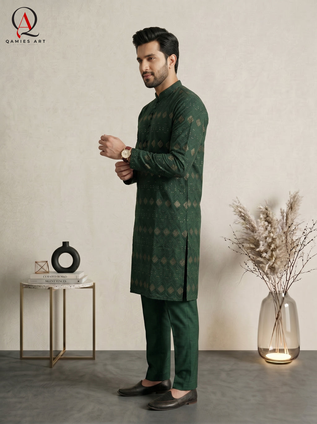 Green Embroidered Fancy Kurta Set with Gold Sequins & Staple Cotton Trouser