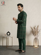 Green Embroidered Fancy Kurta Set with Gold Sequins & Staple Cotton Trouser