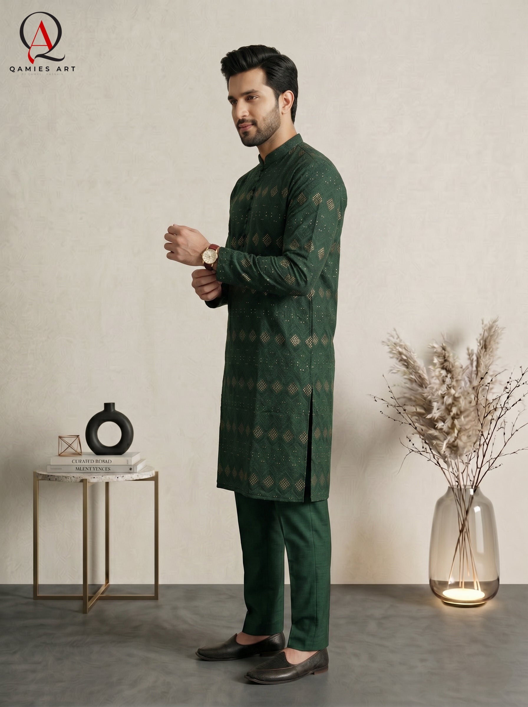 Green Embroidered Fancy Kurta Set with Gold Sequins & Staple Cotton Trouser