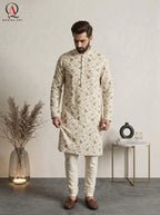 Qamies Art Lemon Cotton Silk Kurta with Multicolor Embroidery