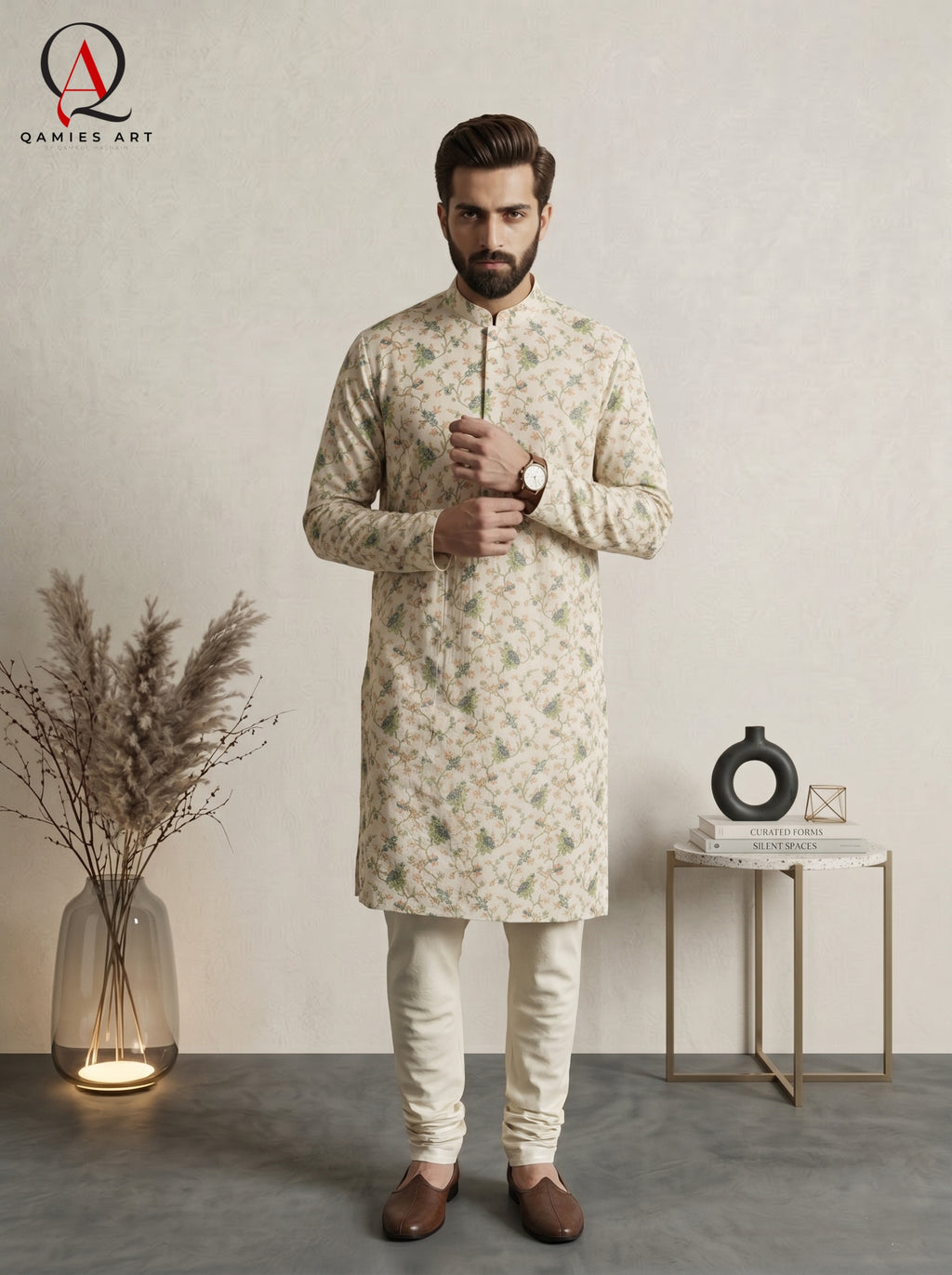Qamies Art Lemon Cotton Silk Kurta with Multicolor Embroidery