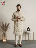 Qamies Art Lemon Cotton Silk Kurta with Multicolor Embroidery