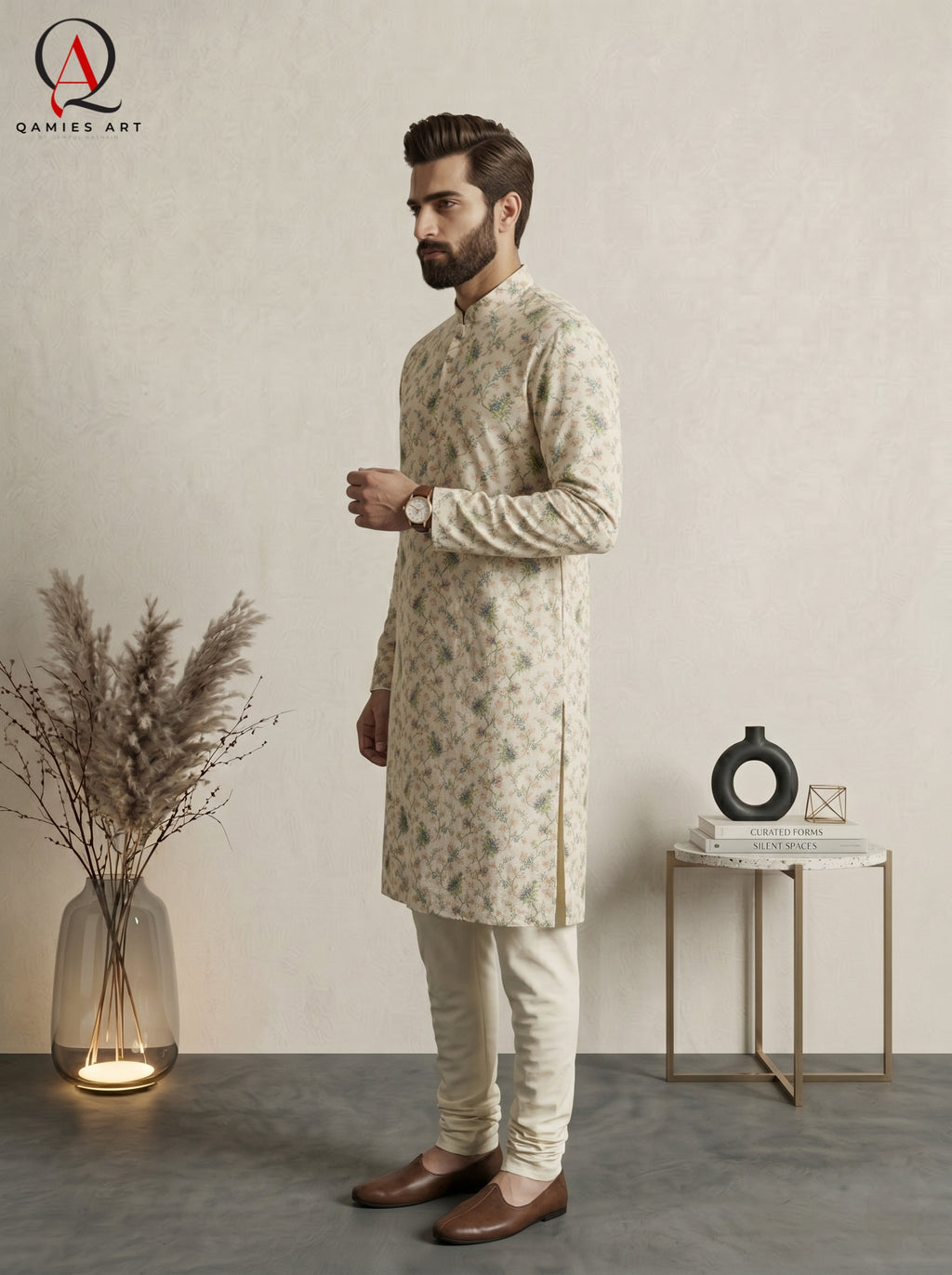 Qamies Art Lemon Cotton Silk Kurta with Multicolor Embroidery