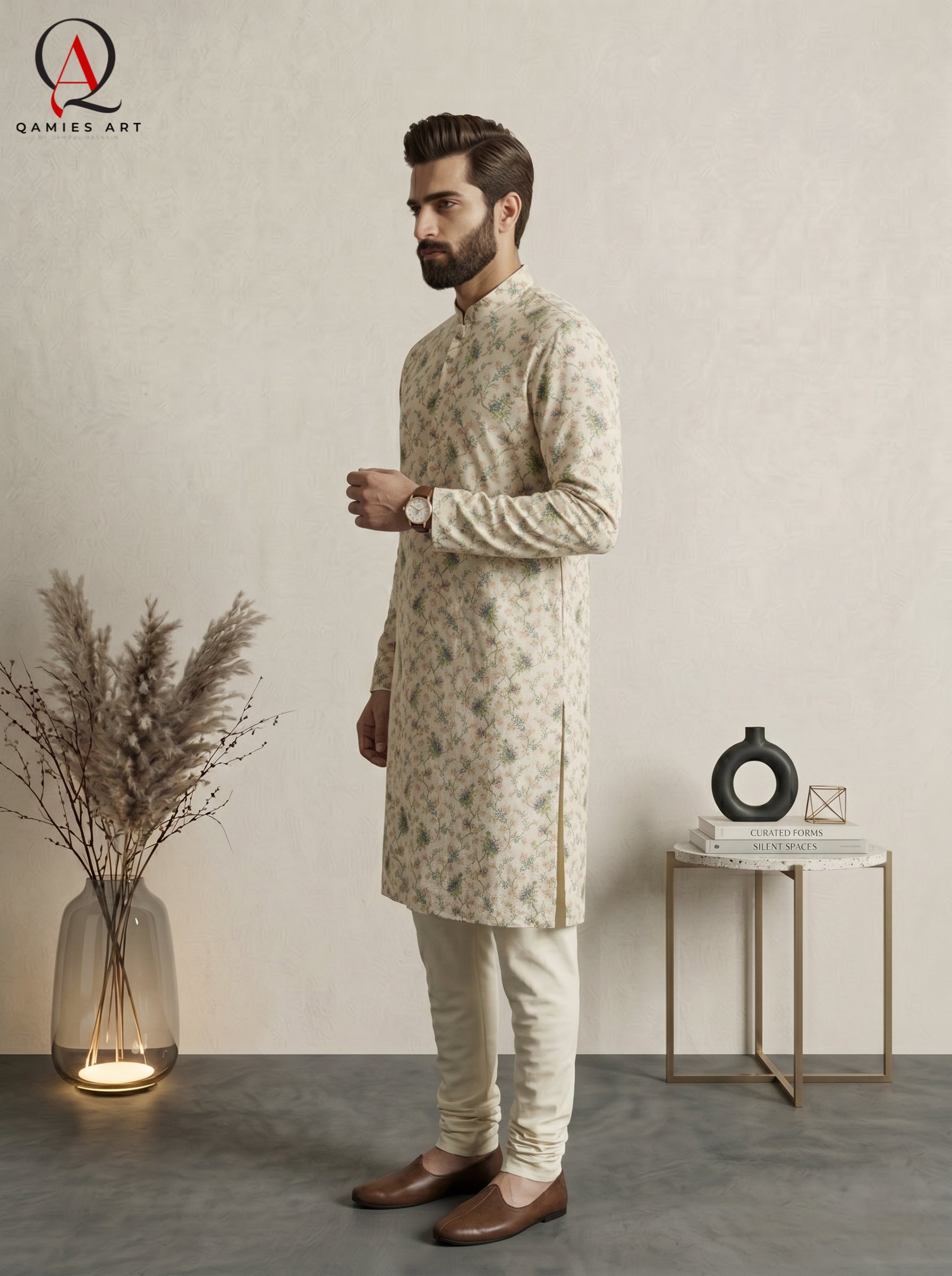 Qamies Art Lemon Cotton Silk Kurta with Multicolor Embroidery