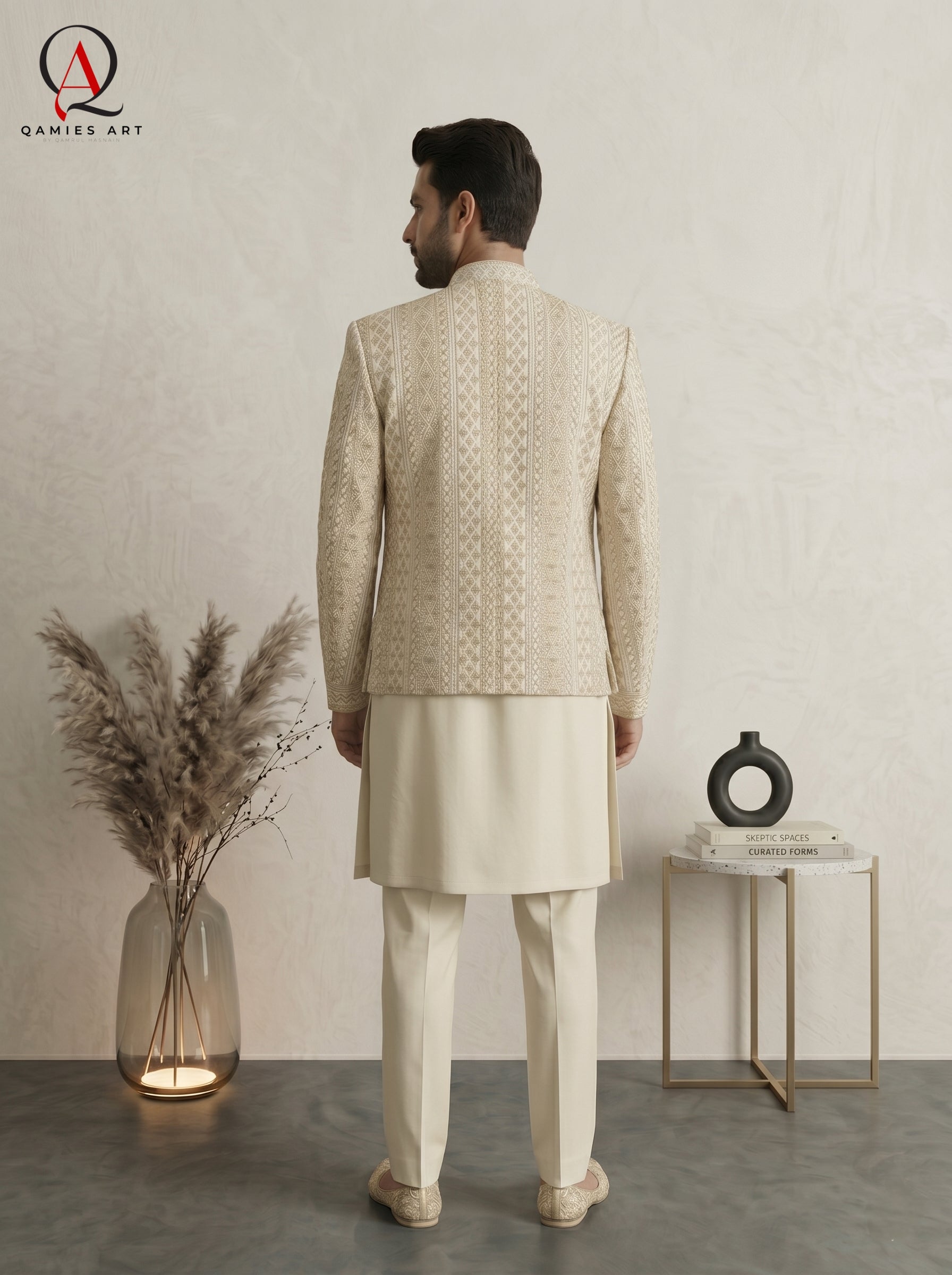 Champagne Embroidered Prince Coat | Royal Golden Handwork Designer Wear for Men