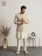 Champagne Embroidered Prince Coat | Royal Golden Handwork Designer Wear for Men