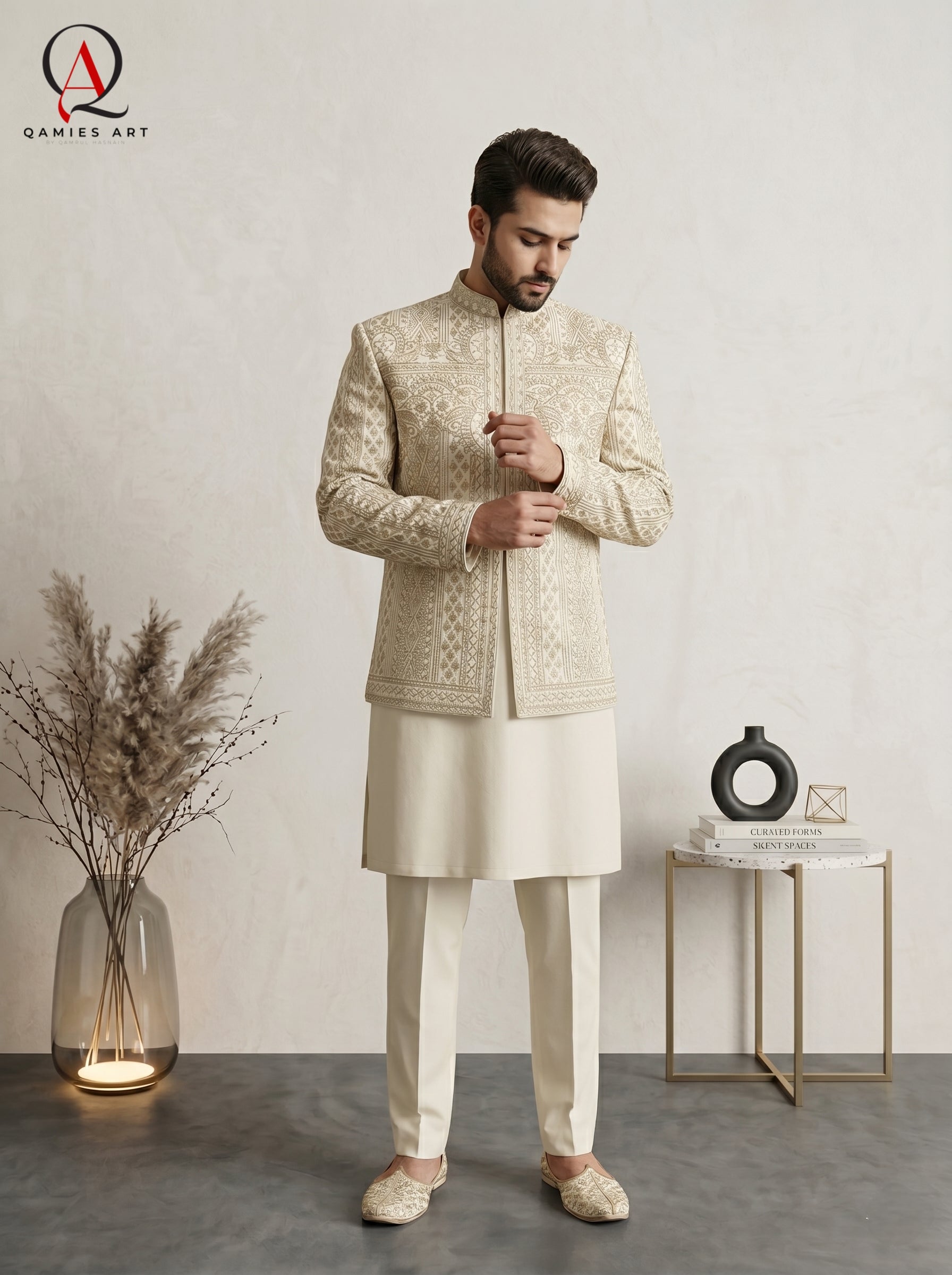 Champagne Embroidered Prince Coat | Royal Golden Handwork Designer Wear for Men