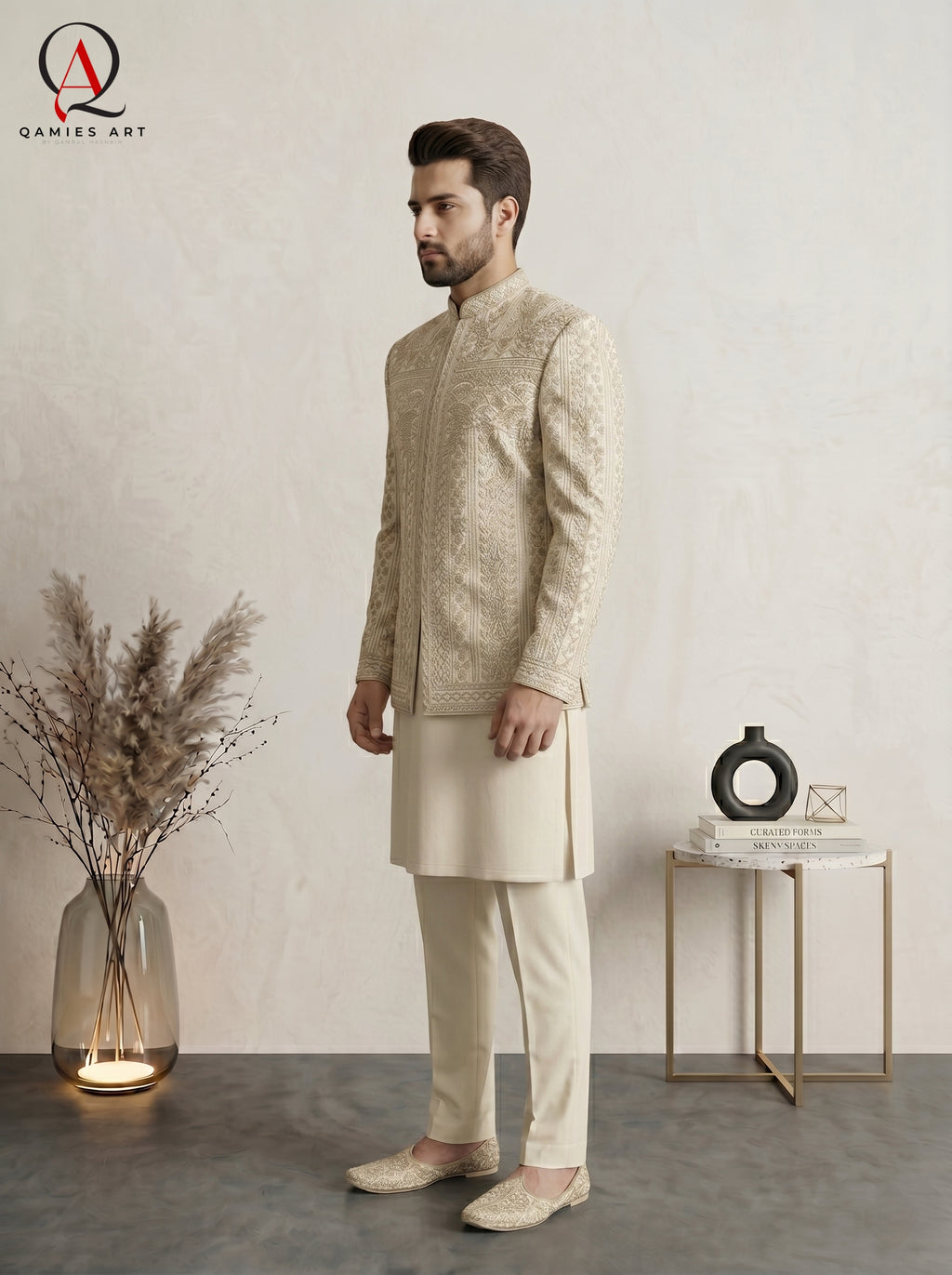 Champagne Embroidered Prince Coat | Royal Golden Handwork Designer Wear for Men