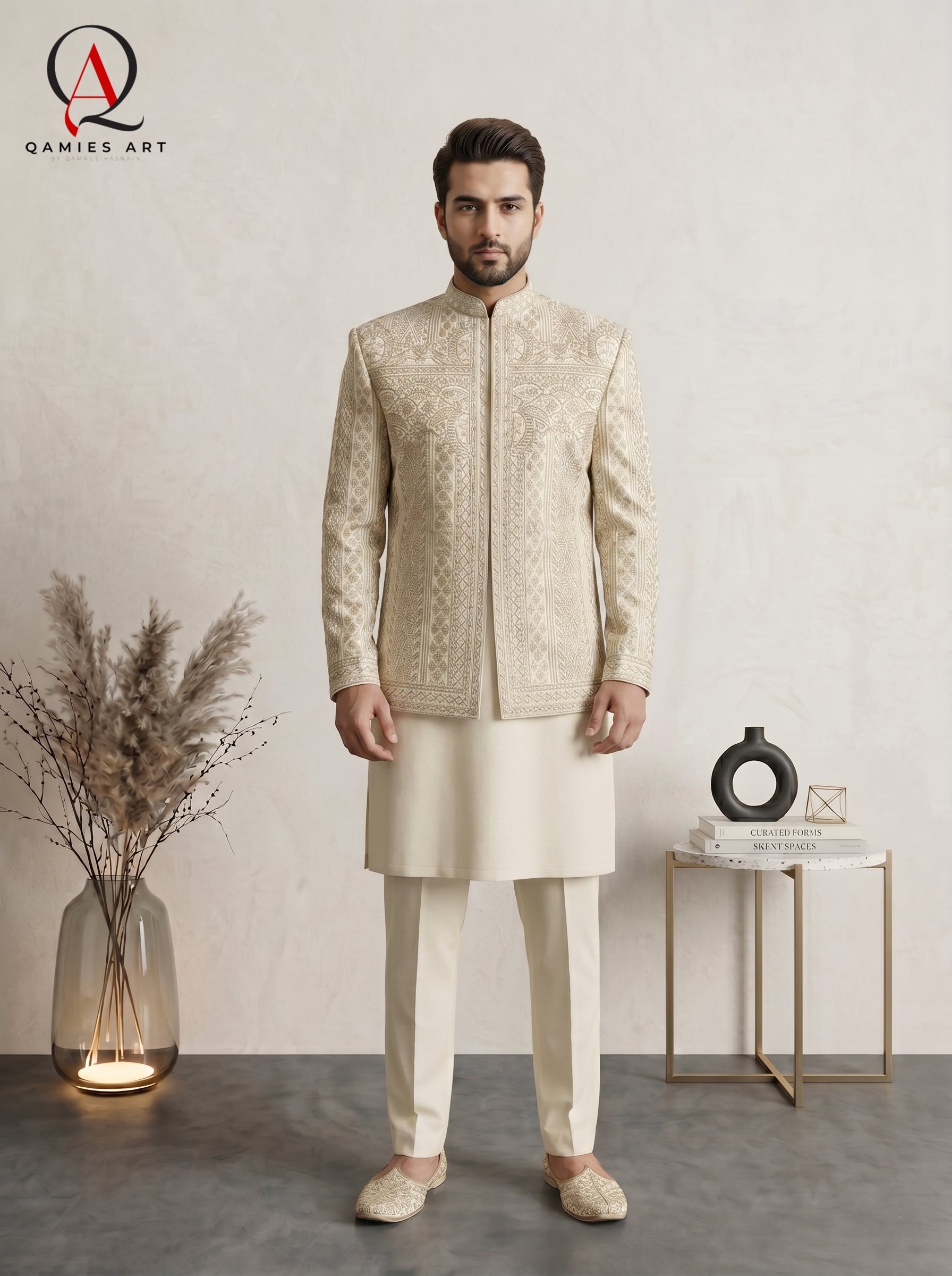 Champagne Embroidered Prince Coat | Royal Golden Handwork Designer Wear for Men