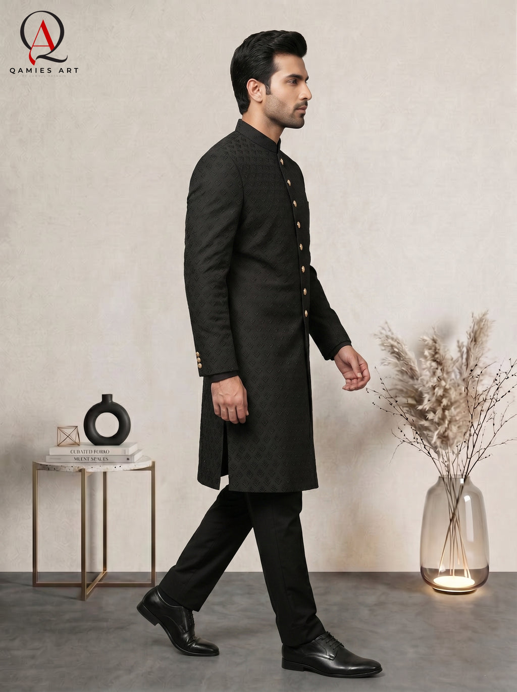Premium Black Sherwani with Resham Embroidery & Delicate Motifs
