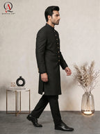 Premium Black Sherwani with Resham Embroidery & Delicate Motifs