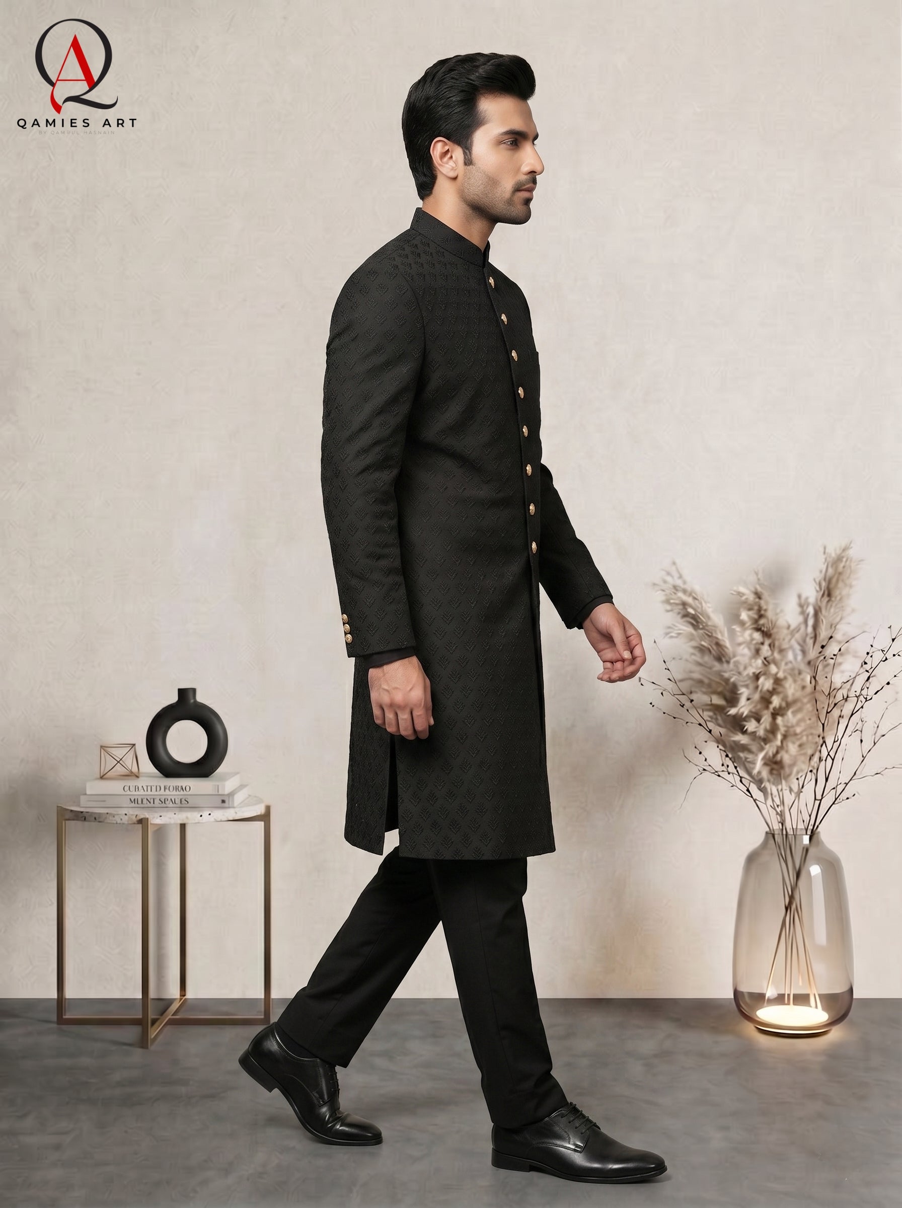 Premium Black Sherwani with Resham Embroidery & Delicate Motifs