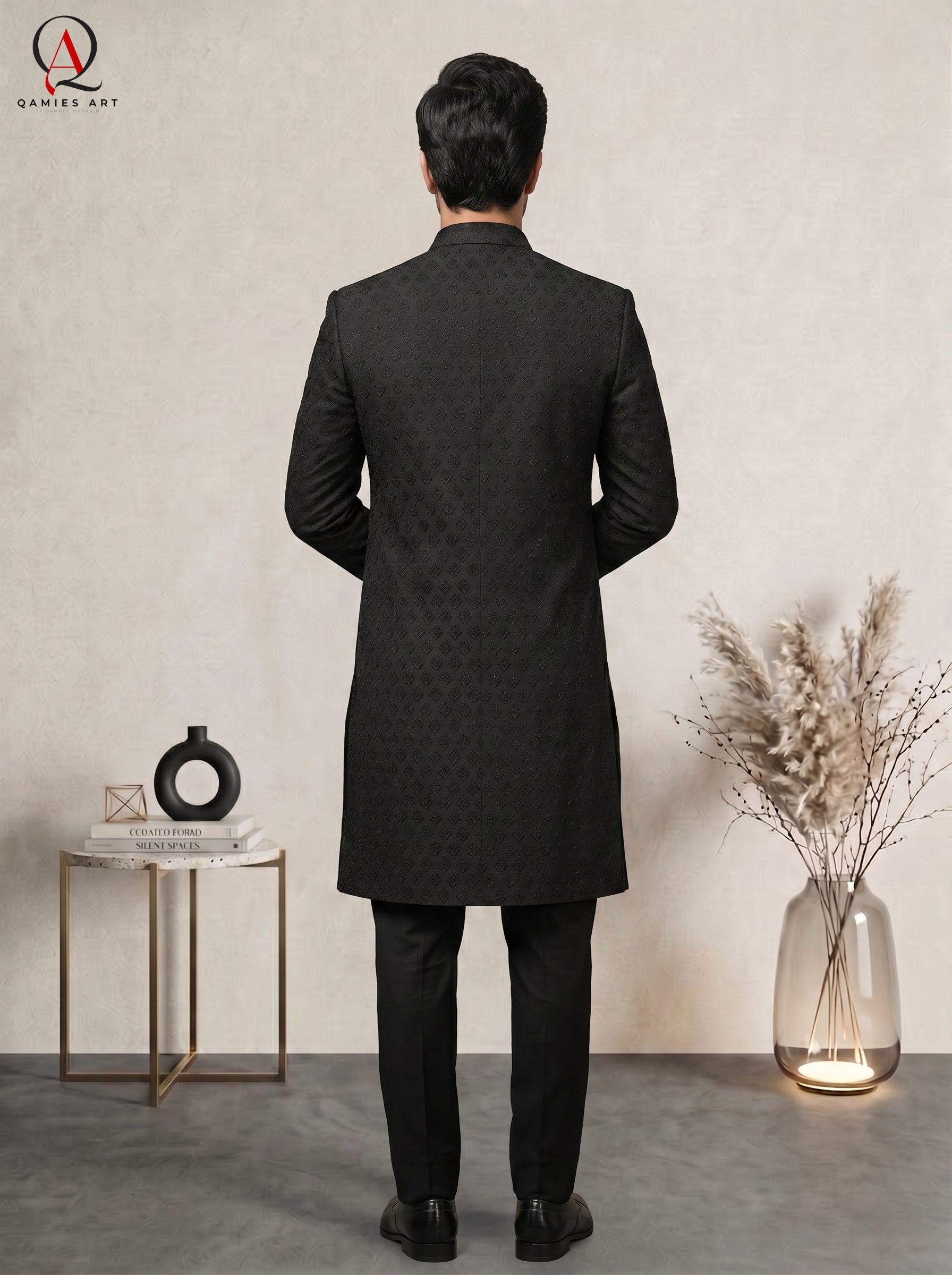 Premium Black Sherwani with Resham Embroidery & Delicate Motifs