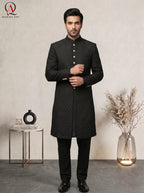 Premium Black Sherwani with Resham Embroidery & Delicate Motifs
