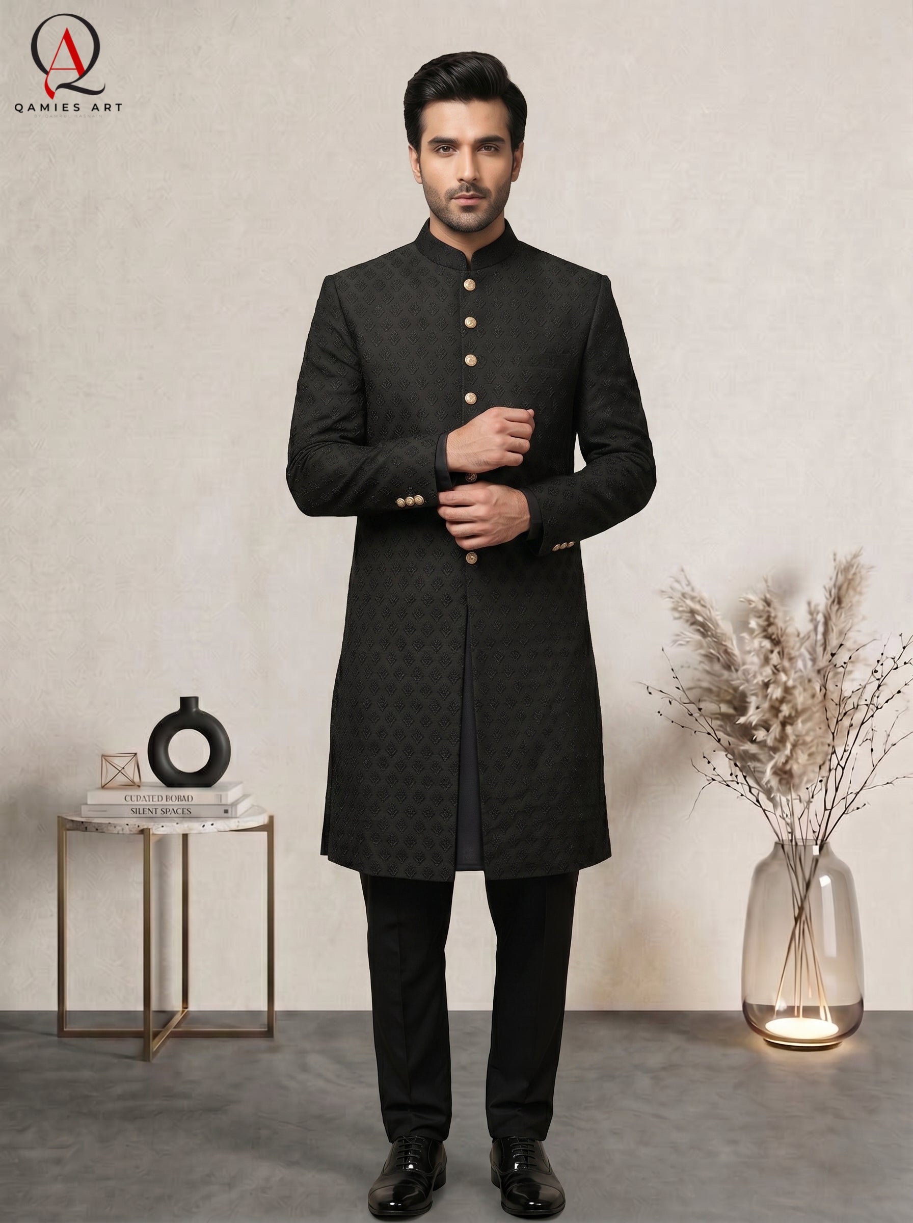 Premium Black Sherwani with Resham Embroidery & Delicate Motifs