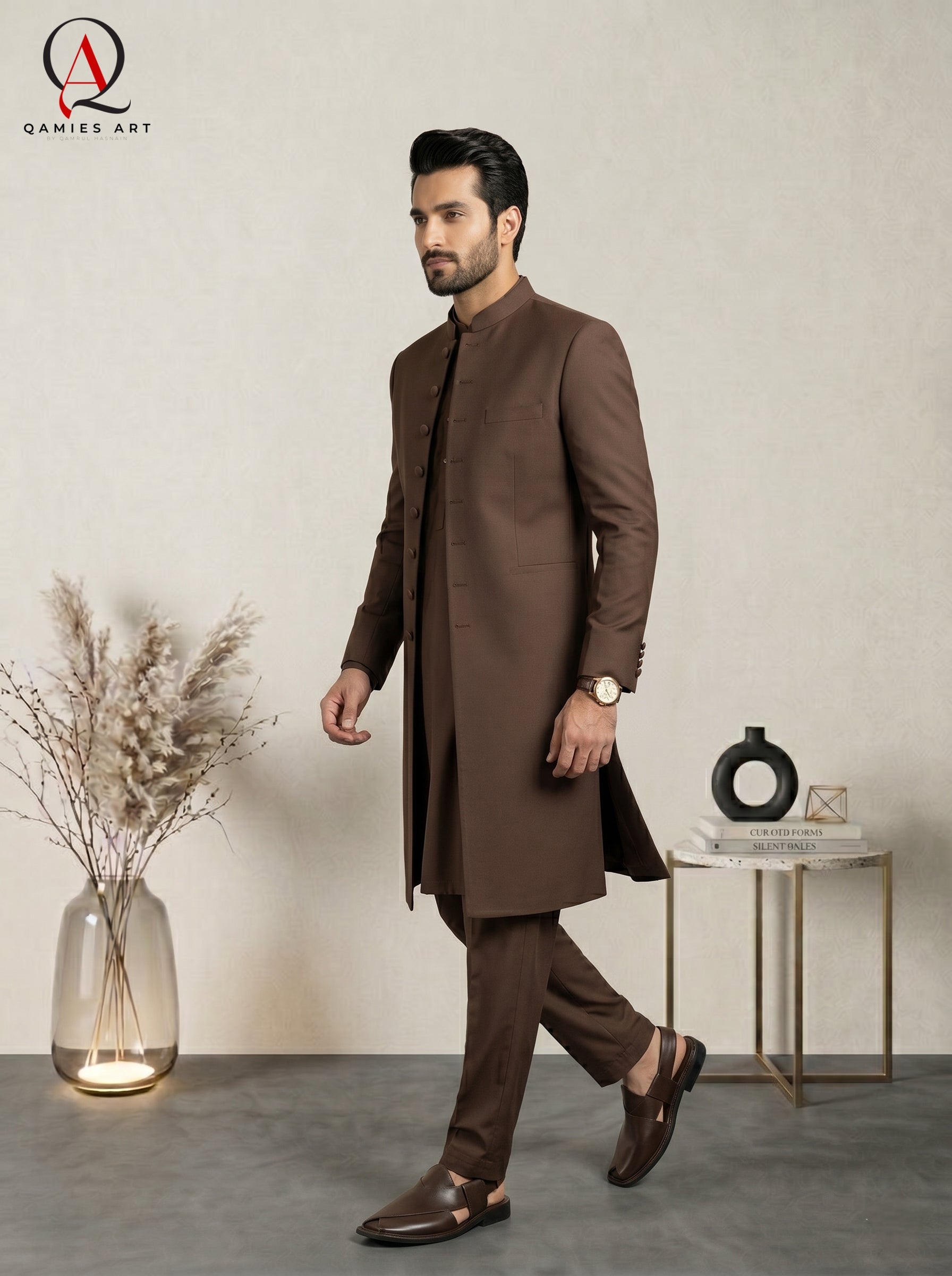 Qamies Art Classic Brown Plain Sherwani