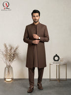Qamies Art Classic Brown Plain Sherwani