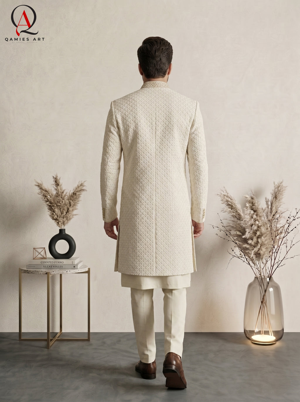 Premium Cream Sherwani with Pattern Embroidery Delicate Motifs