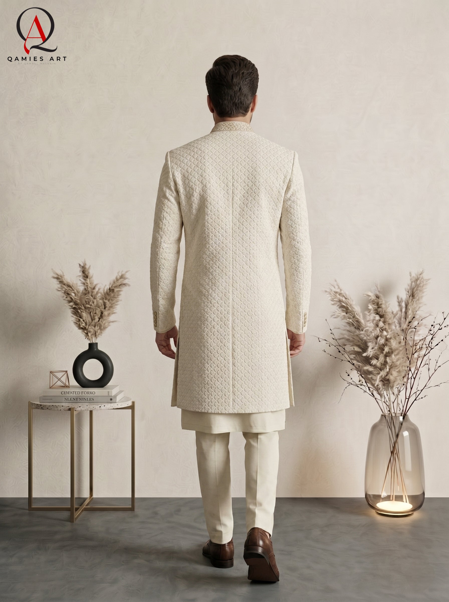 Premium Cream Sherwani with Pattern Embroidery Delicate Motifs