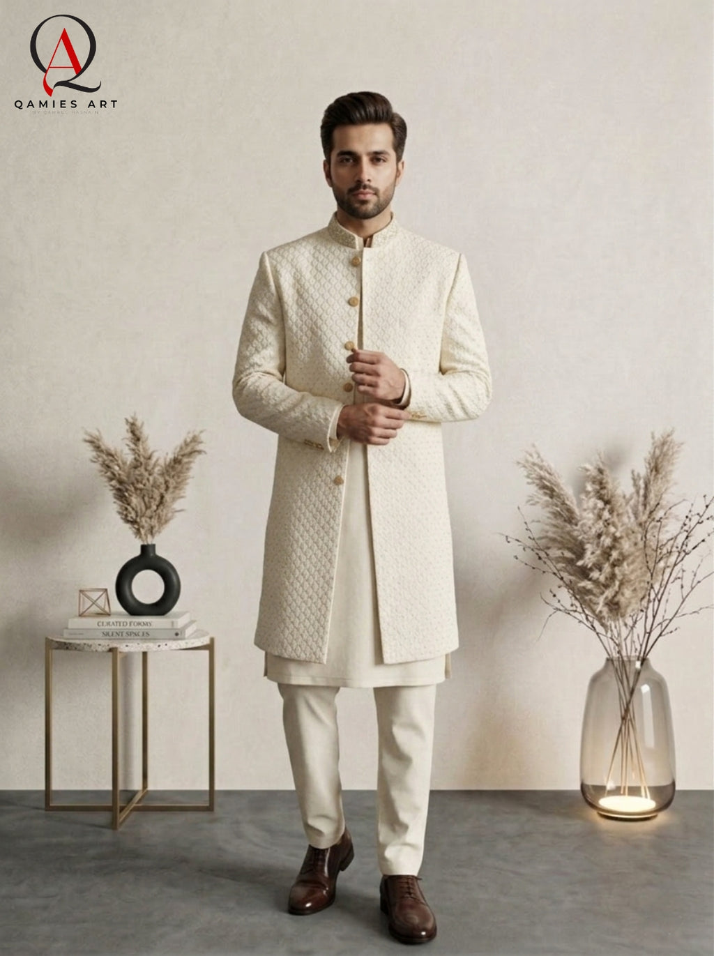 Premium Cream Sherwani with Pattern Embroidery Delicate Motifs