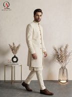 Premium Cream Sherwani with Pattern Embroidery Delicate Motifs