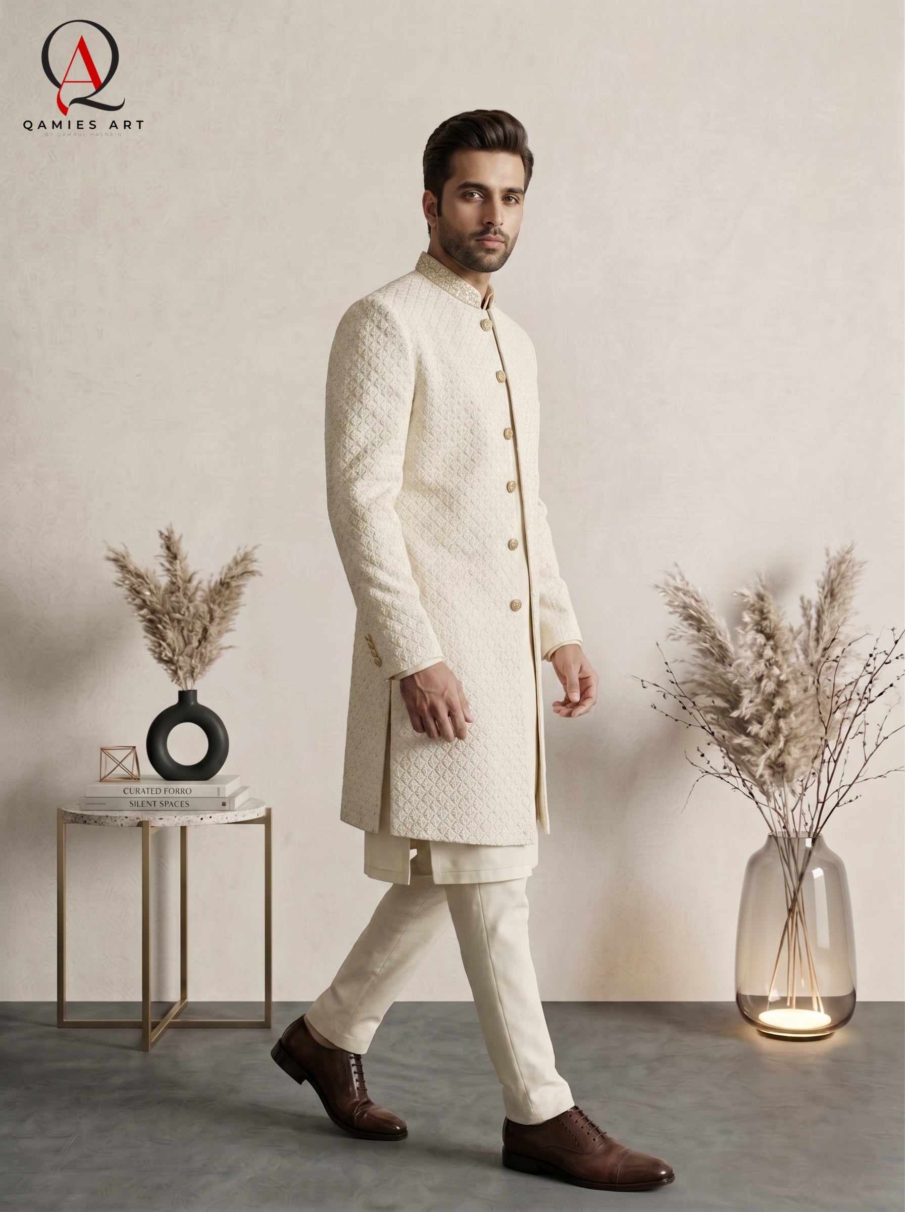 Premium Cream Sherwani with Pattern Embroidery Delicate Motifs