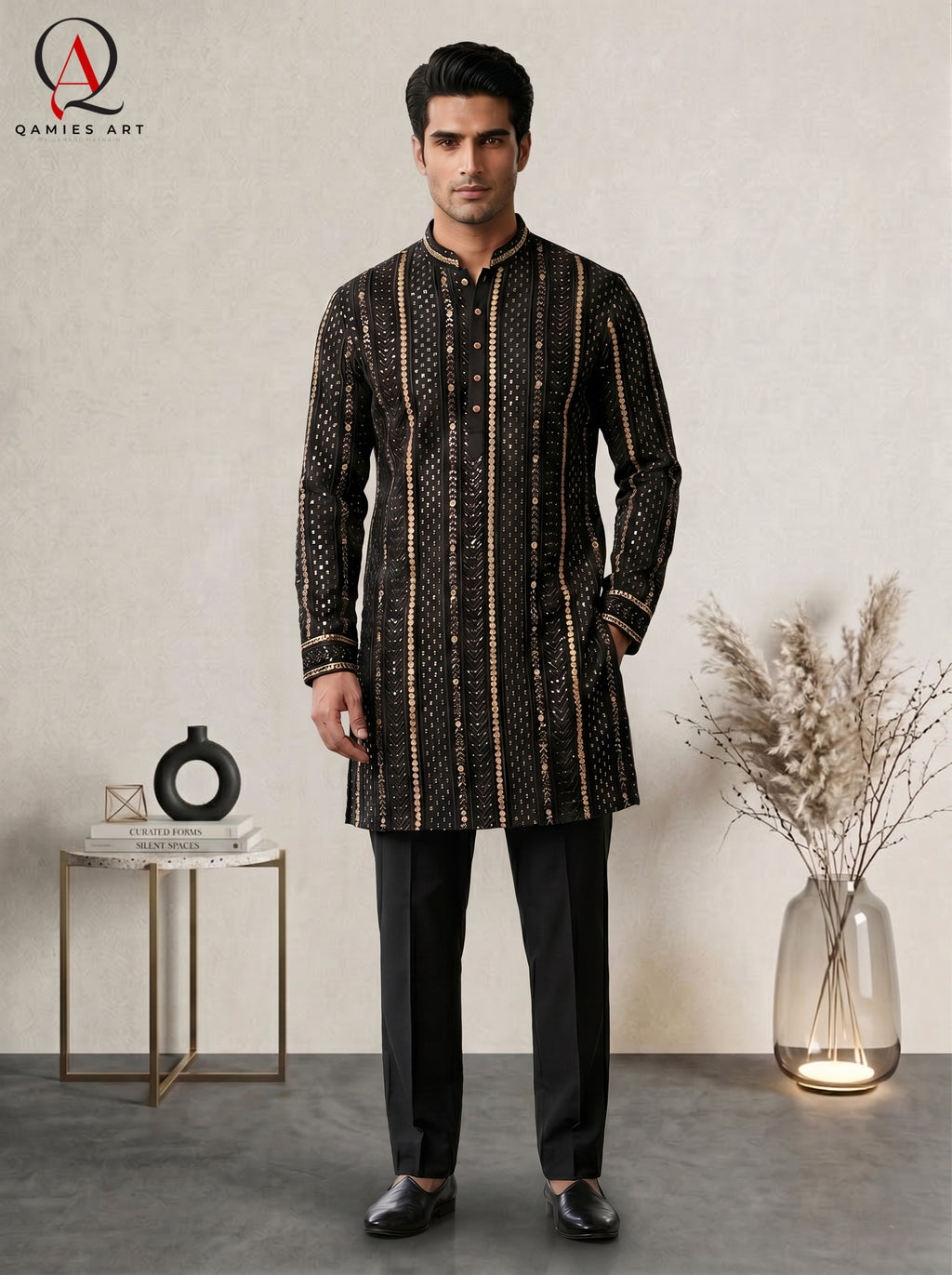 Black Resham Embroidered Fancy Kurta with Golden Sequins & Plain Trouser