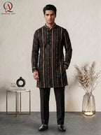 Black Resham Embroidered Fancy Kurta with Golden Sequins & Plain Trouser