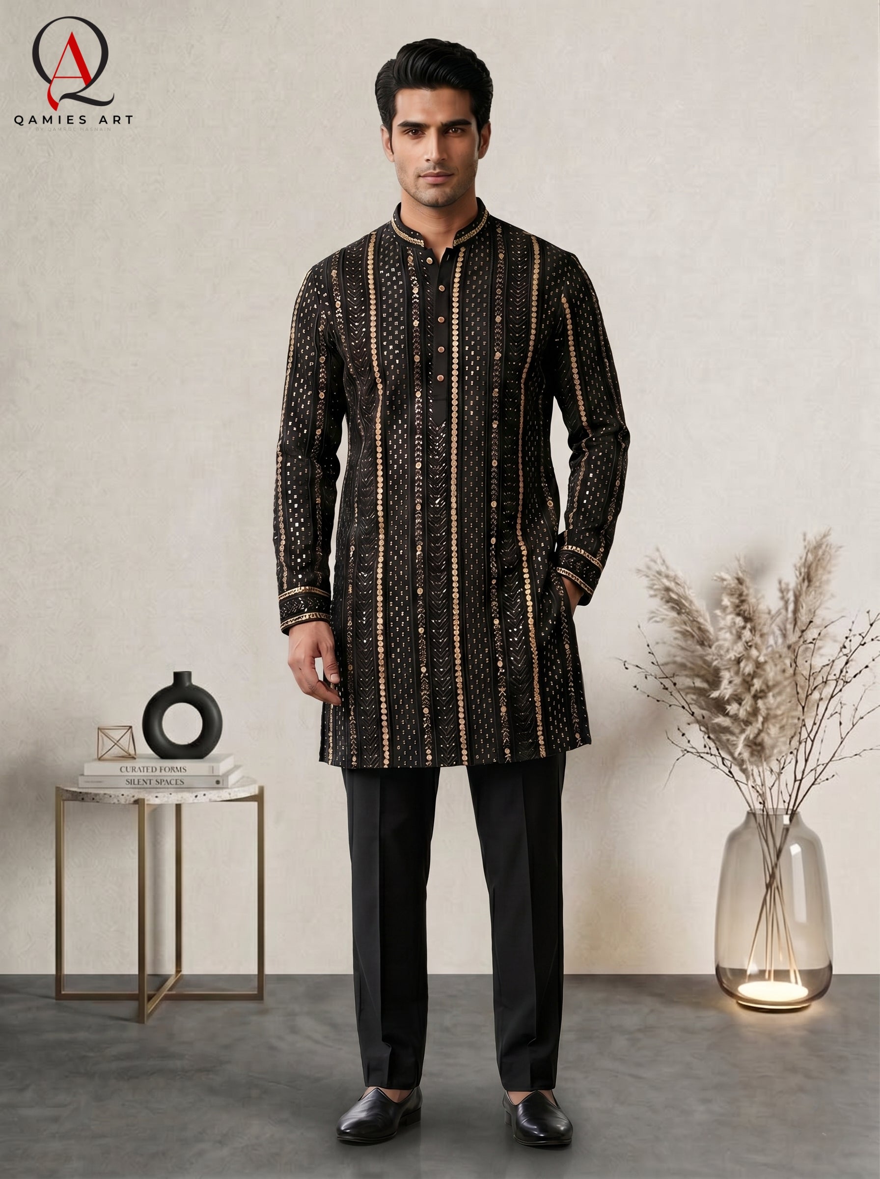 Black Resham Embroidered Fancy Kurta with Golden Sequins & Plain Trouser