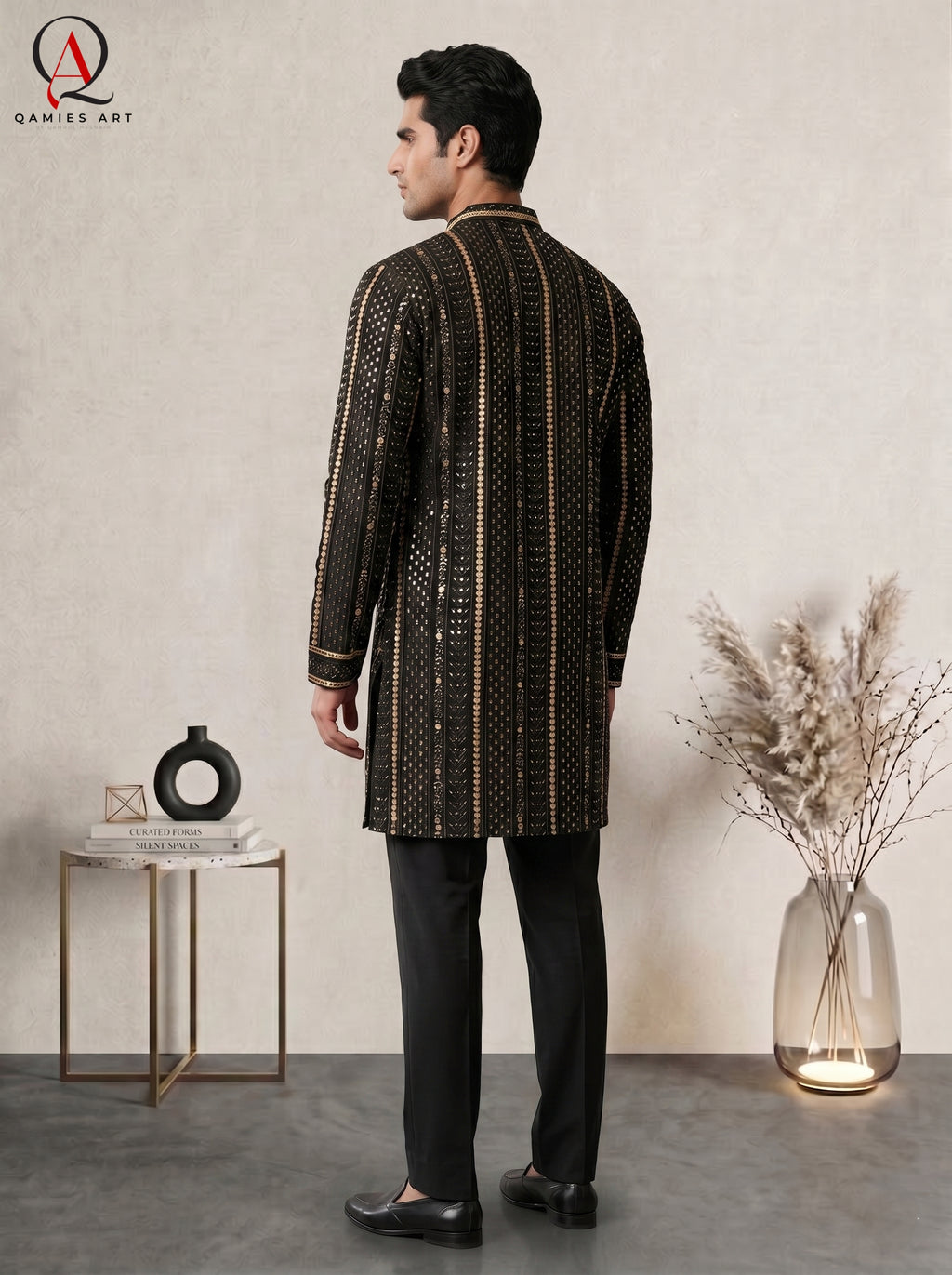 Black Resham Embroidered Fancy Kurta with Golden Sequins & Plain Trouser