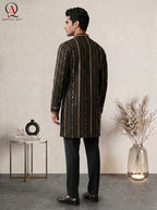 Black Resham Embroidered Fancy Kurta with Golden Sequins & Plain Trouser