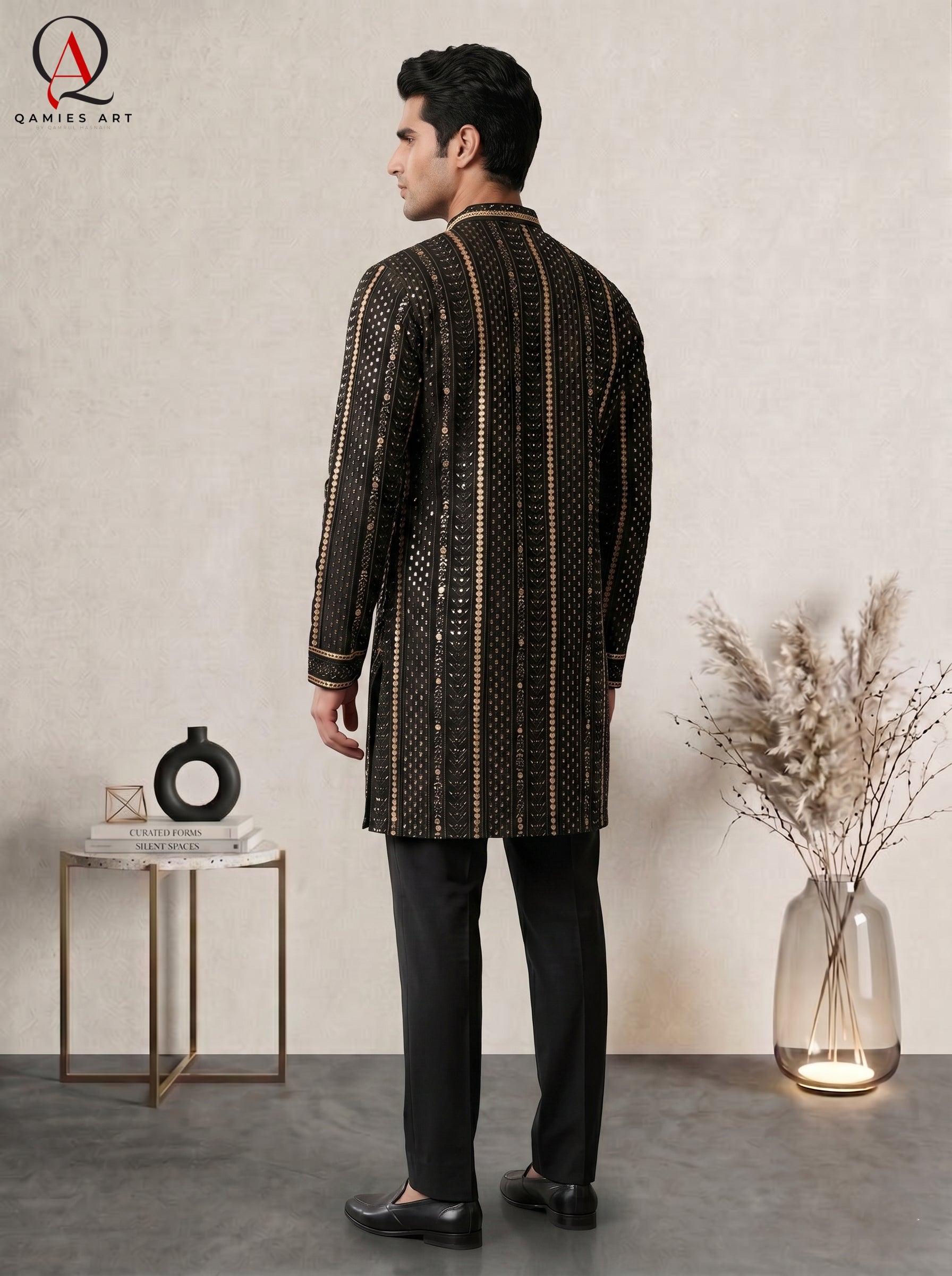 Black Resham Embroidered Fancy Kurta with Golden Sequins & Plain Trouser