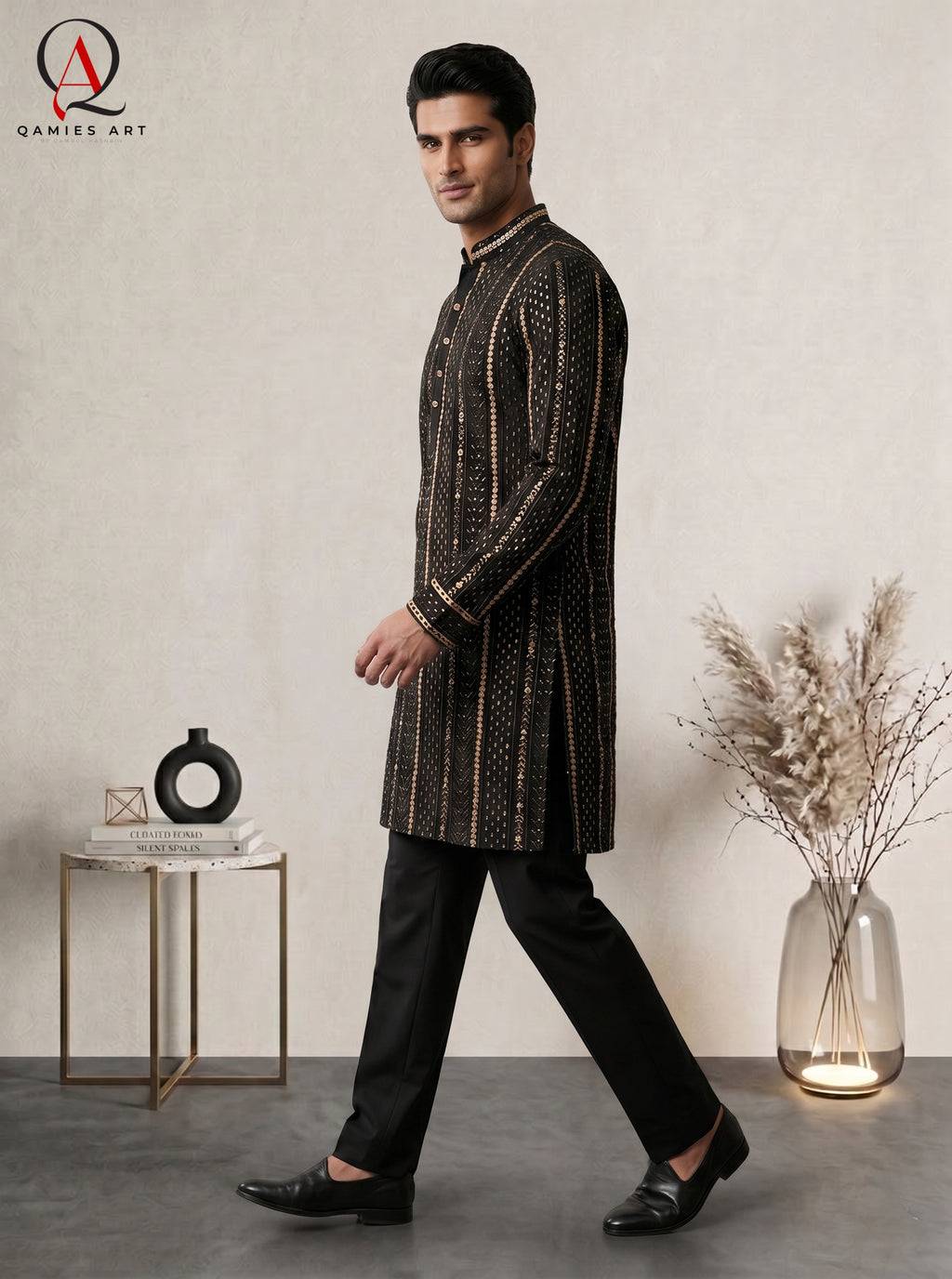Black Resham Embroidered Fancy Kurta with Golden Sequins & Plain Trouser