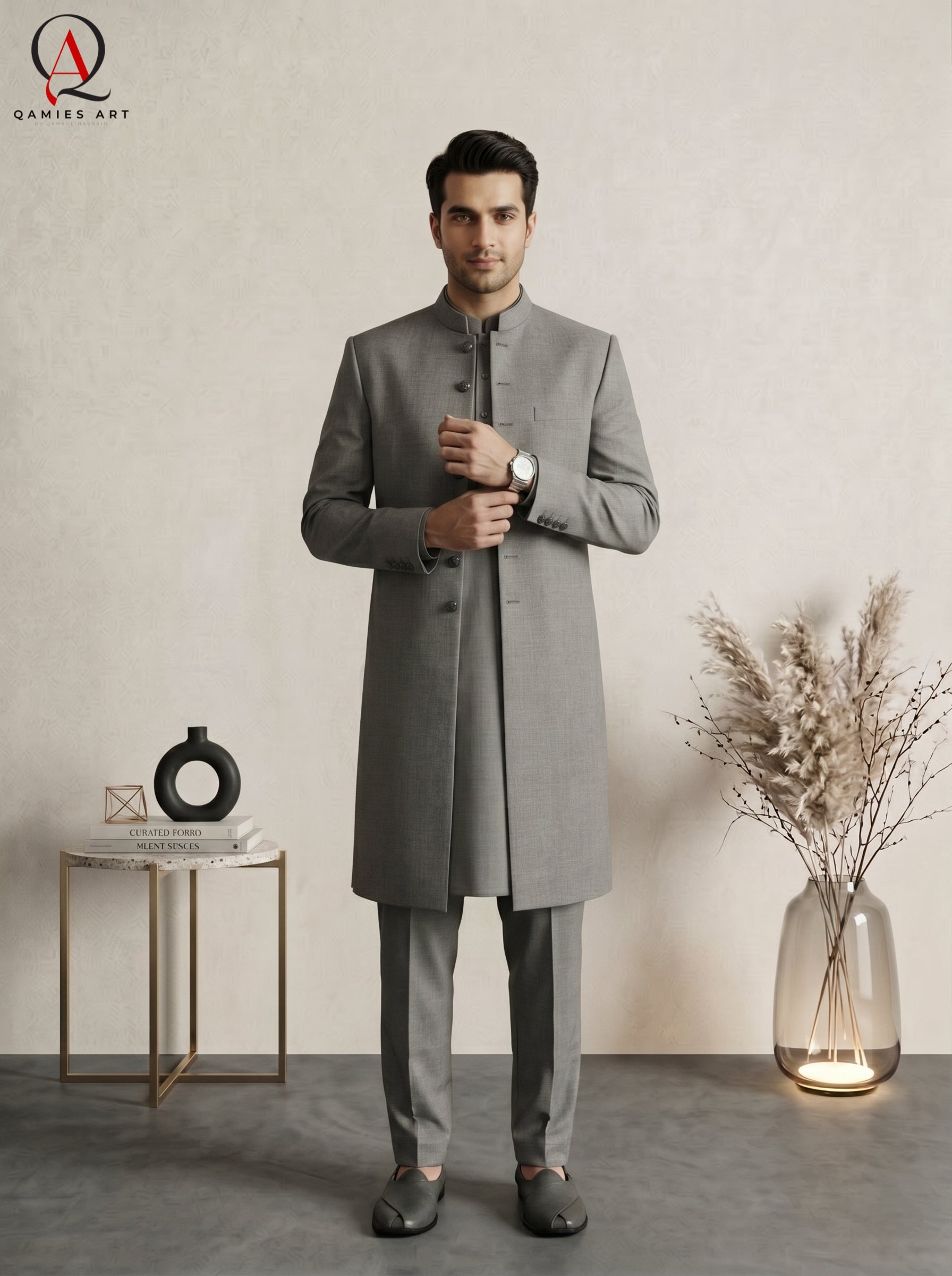 Qamies Art Classic Grey Plain Sherwani
