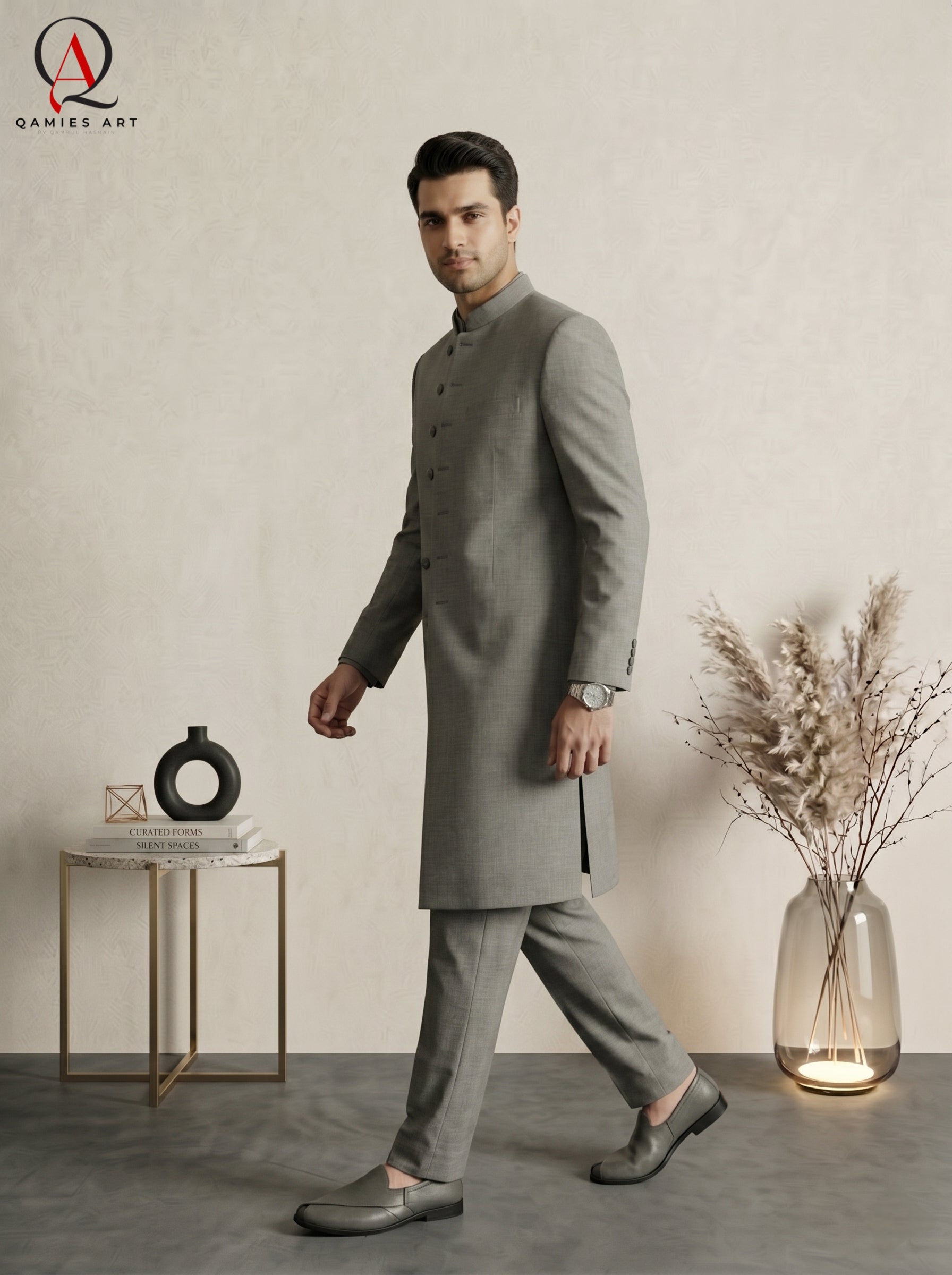 Qamies Art Classic Grey Plain Sherwani
