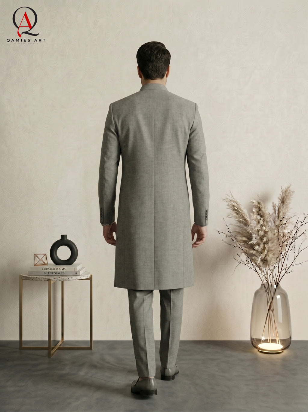 Qamies Art Classic Grey Plain Sherwani