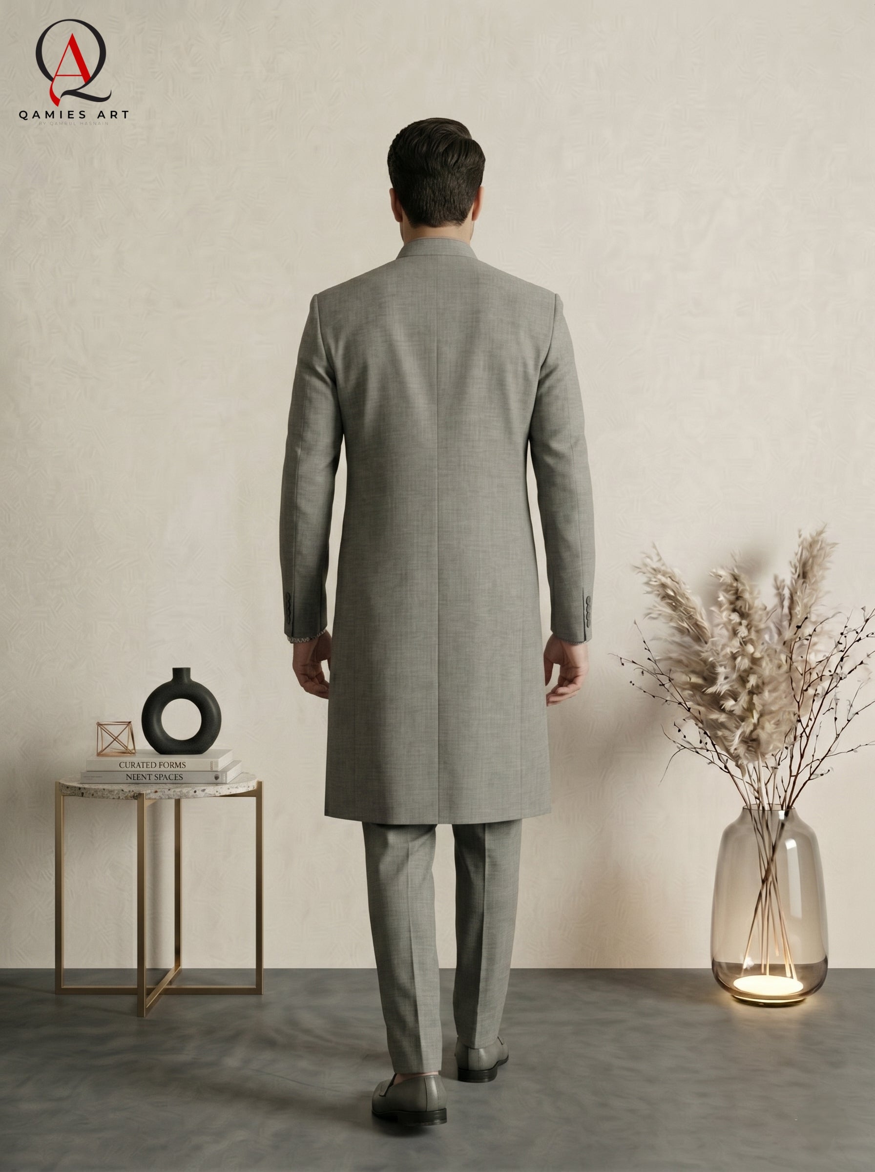 Qamies Art Classic Grey Plain Sherwani