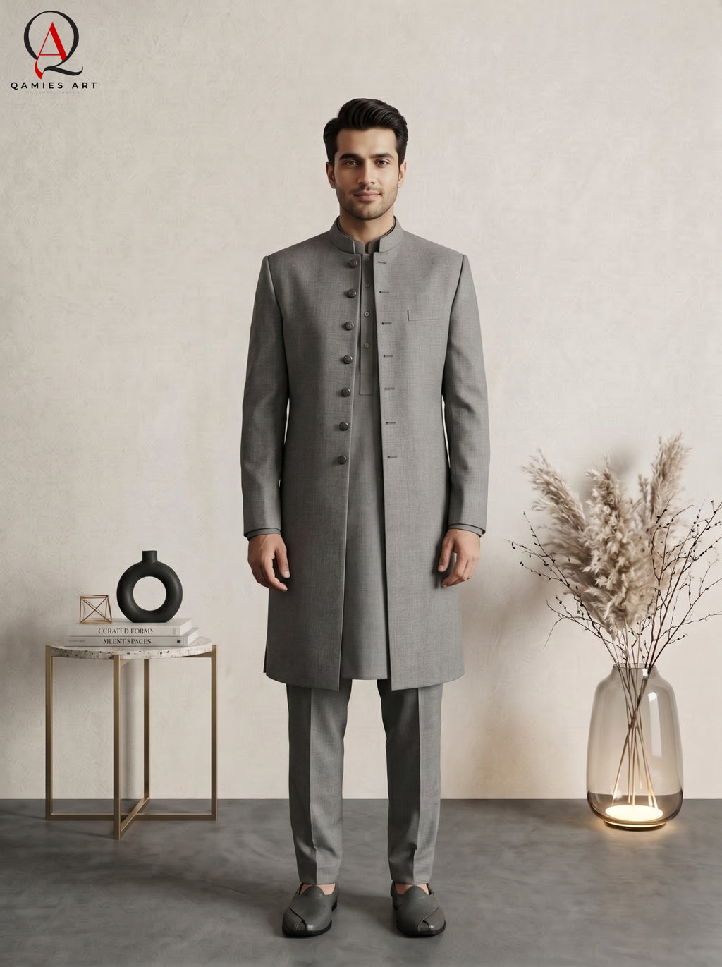 Qamies Art Classic Grey Plain Sherwani