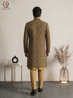 Royal Black Jamawar Sherwani with Multicolor Big Motif Embroidery
