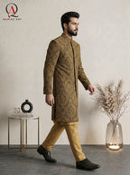 Royal Black Jamawar Sherwani with Multicolor Big Motif Embroidery
