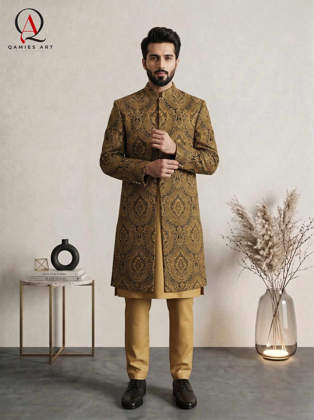 Royal Black Jamawar Sherwani with Multicolor Big Motif Embroidery