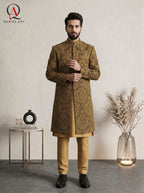 Royal Black Jamawar Sherwani with Multicolor Big Motif Embroidery
