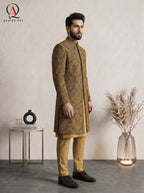 Royal Black Jamawar Sherwani with Multicolor Big Motif Embroidery