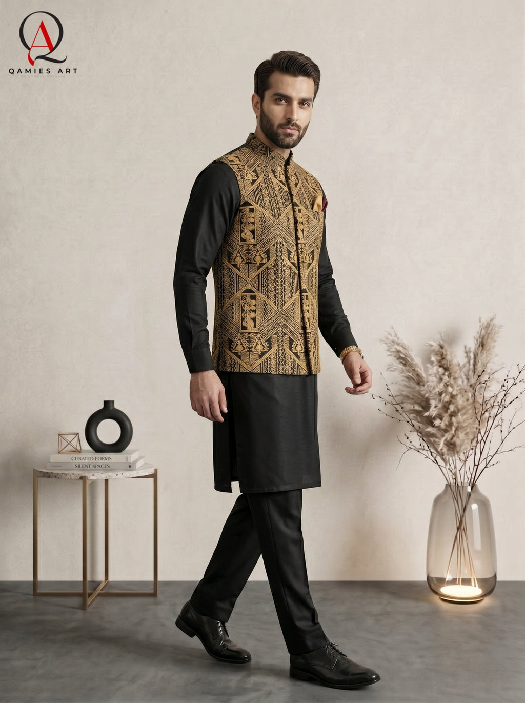 Luxury Black Waistcoat with Geometric Royal Golden Machine Embroidery