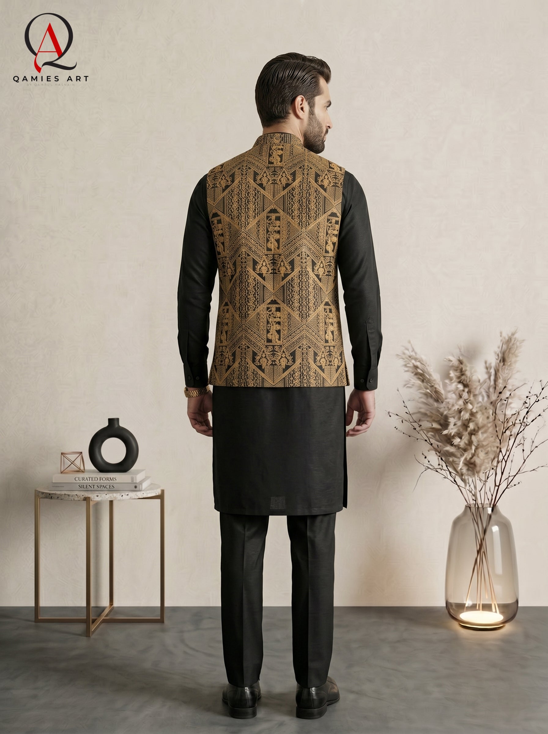 Luxury Black Waistcoat with Geometric Royal Golden Machine Embroidery