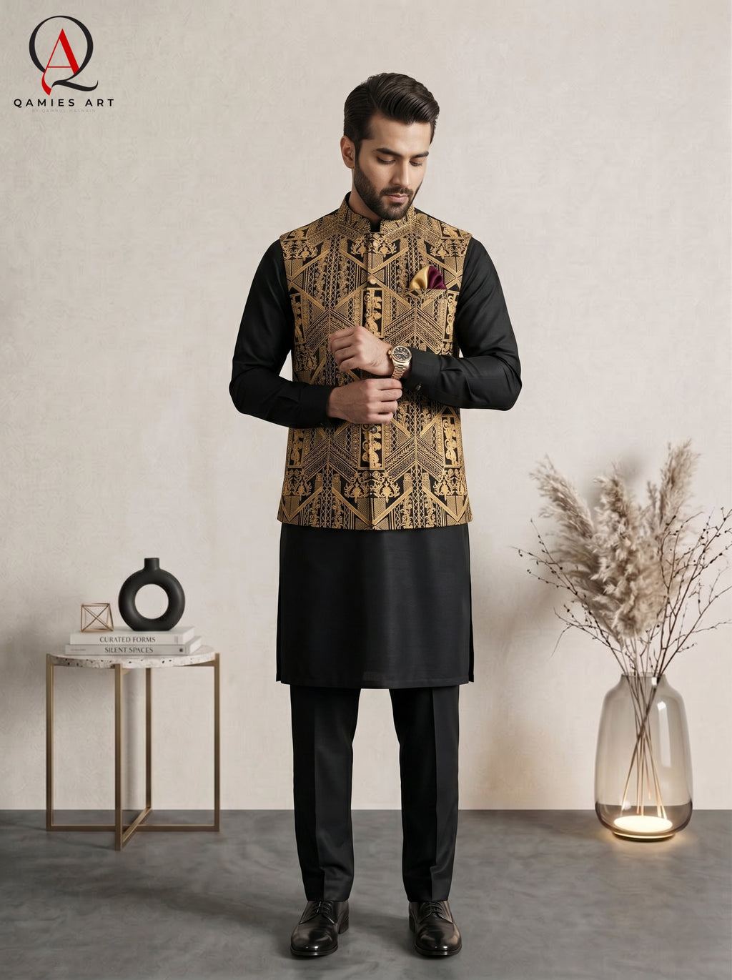 Luxury Black Waistcoat with Geometric Royal Golden Machine Embroidery