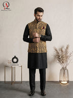 Luxury Black Waistcoat with Geometric Royal Golden Machine Embroidery